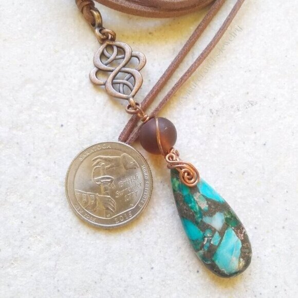 One-of-a-kind Celtic Knot & Sea Sediment Jasper Necklace w. 45" Faux Suede Cord - Picture 5 of 7